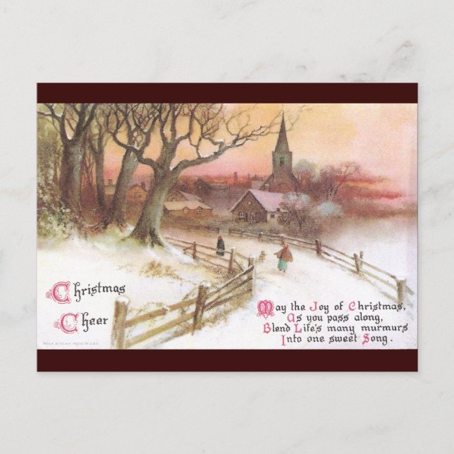 Postal Pequeña ciudad e iglesia al atardecer en invierno (Anverso)