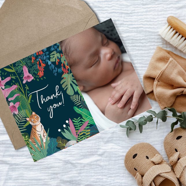 Postal Pequeña jungla tropical del tigre (Baby Shower Tiger jungle wildlife thank you card)
