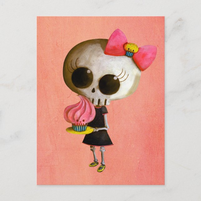 Postal Pequeña Miss Muerte con Torta (Anverso)