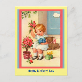 Postal Pequeña niña, flores, perro, día de la madre 