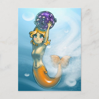 Postal Pequeña sirena y pez globo