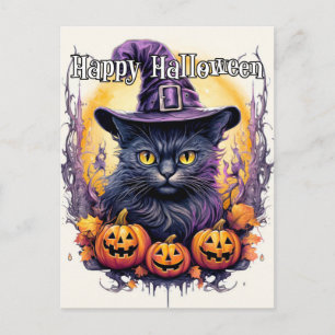 Postal Pequeña y gata gitana Halloween