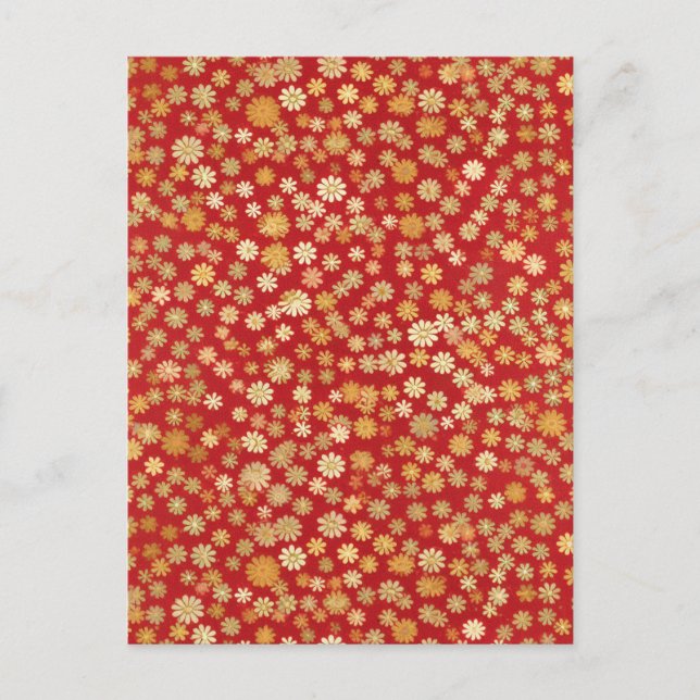Postal Pequeñas flores en el fondo rojo Chiyogami (Anverso)