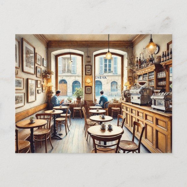 Postal Pequeño café en Ginebra, Suiza (Anverso)