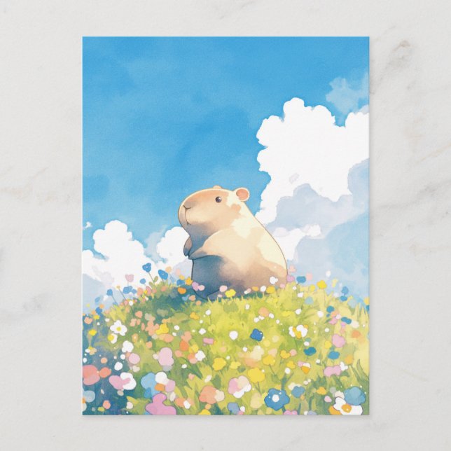Postal Pequeño Carpincho en Pradera de Flores Silvestres  (Anverso)