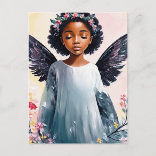 Postal Pequeño Chica negro Angel Floral Art