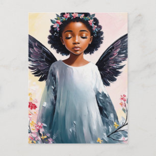 Postal Pequeño Chica negro Angel Floral Art