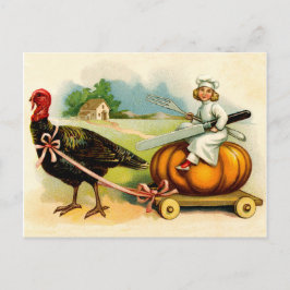 Postal Pequeño cocinero en gran calabaza con gran pavo vi