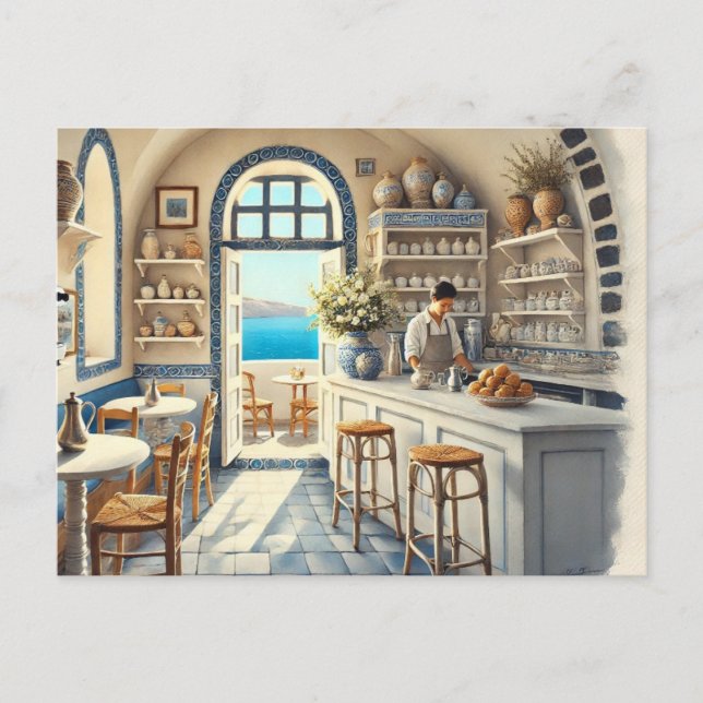 Postal Pequeño Coffeeshop en Santorini (Anverso)