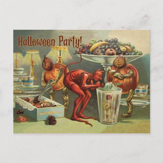 Postal Pequeño diablo en la mesa, una fiesta de Halloween (Anverso)