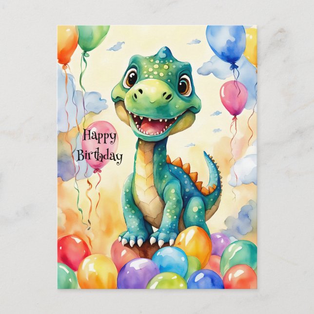 Postal Pequeño dinosaurio lindo con muchos globos de colo (Anverso)