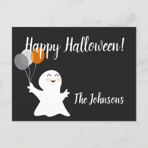 Postal Pequeño fantasma de Halloween con globos