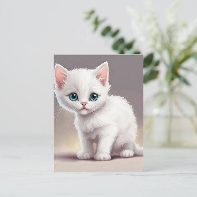Postal Pequeño gatito blanco adorable (Anverso de pie)