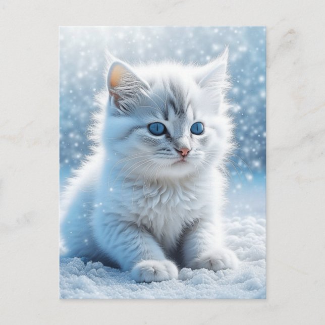 Postal Pequeño gatito blanco en Navidades de nieve (Anverso)