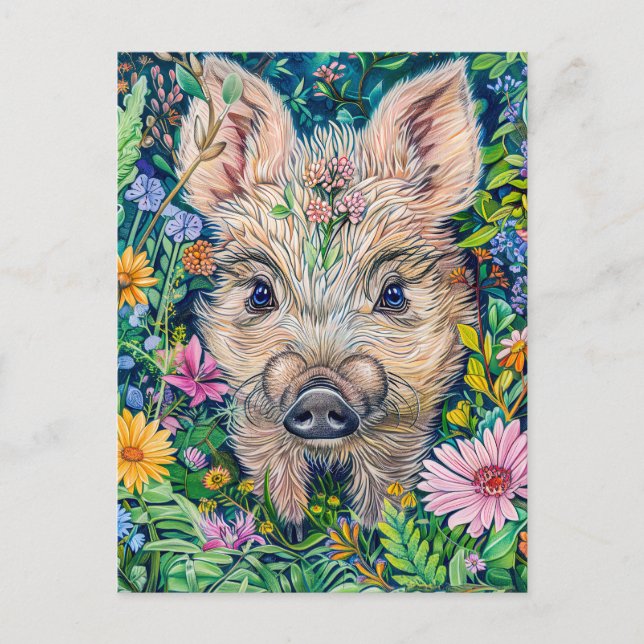 Postal Pequeño jabalí en prado de flores (Anverso)