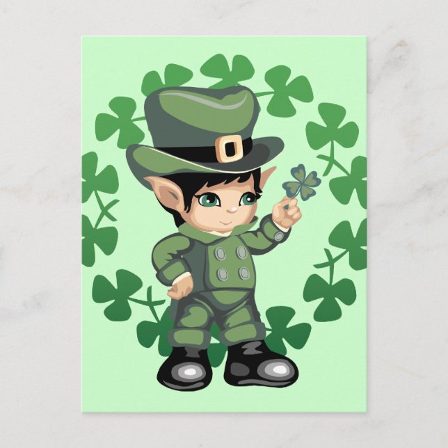 Postal Pequeño Leprechaun con Shamrock (Anverso)
