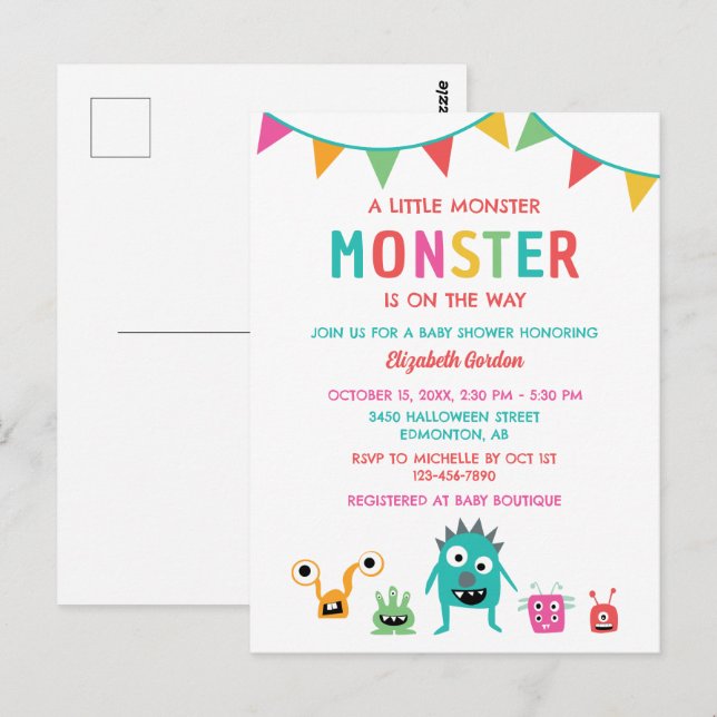 Postal Pequeño monstruo en camino a Baby Shower Halloween (Anverso / Reverso)