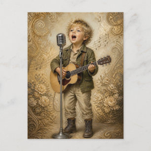 Postal Pequeño Niño Músico Cantando y Tocando Guitarra