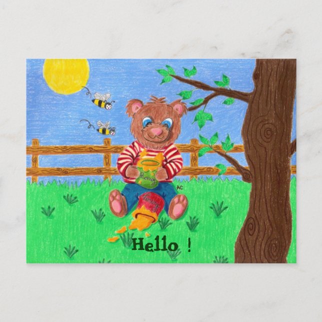 Postal Pequeño oso oso con miel, ¡Hola! (Anverso)