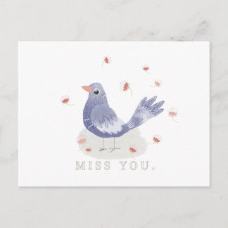 Postal Pequeño pájaro azul y flores te extrañan