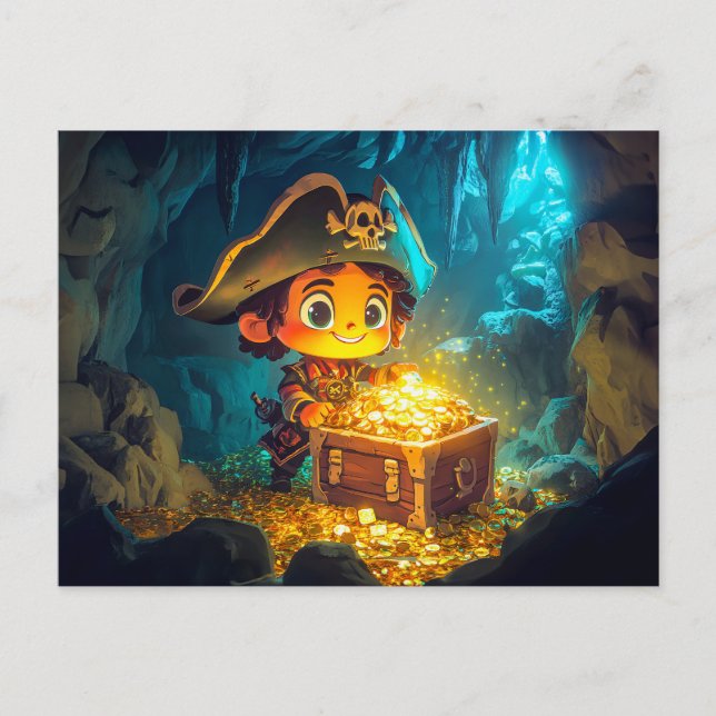 Postal Pequeño Pirata Descubre Tesoro en una Cueva (Anverso)