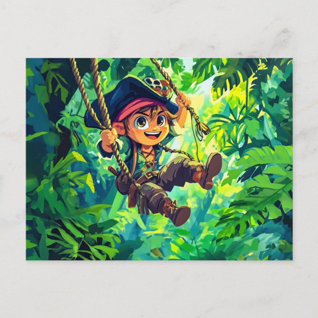 Postal Pequeño Pirata Divirtiéndose Explorando la Jungla (Anverso)