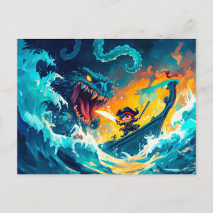 Postal Pequeño pirata luchando contra un monstruo marino