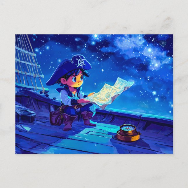 Postal Pequeño pirata navegando por las estrellas y la br (Anverso)