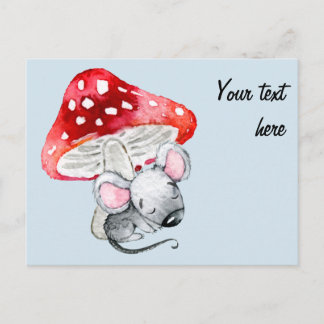 Postal Pequeño Ratón Gris Durmiente Bajo El Sombrero Rojo