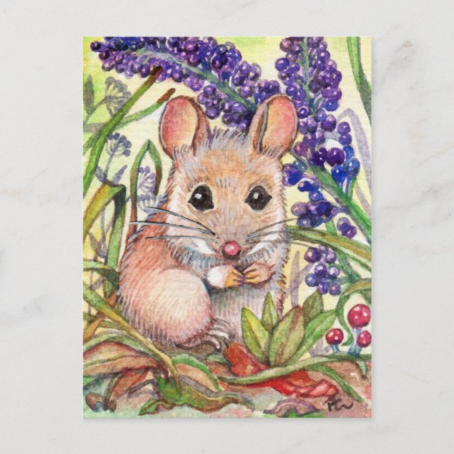 Postal Pequeño ratón y flores moradas (Anverso)