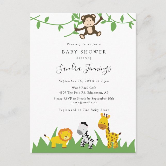 Postal Pequeño Safari Baby Shower Jungle Animales Kawaii  (Anverso)