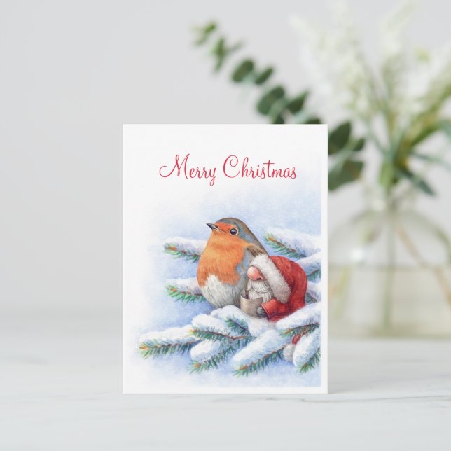 Postal Pequeño Santa con un petirrojo rojo (Anverso de pie)
