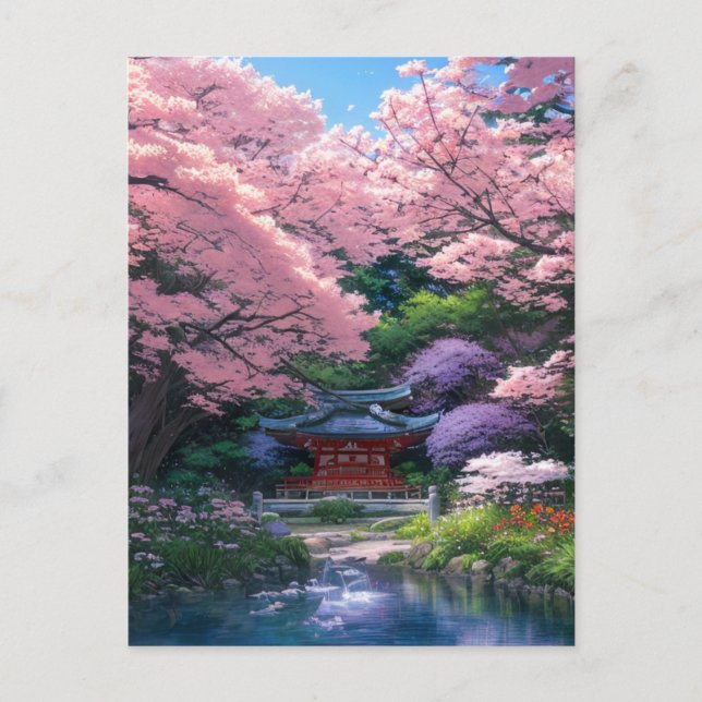 Postal Pequeño santuario japonés en tonos sakura (Anverso)