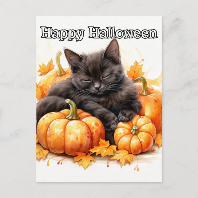 Postal Pequeño y espeluznante gatito negro de Halloween (Anverso)
