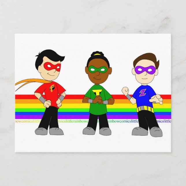 Postal Pequeños cómics del arcoiris: Super Trio (Anverso)