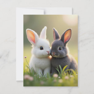 Postal Pequeños conejitos blancos y negros en un prado,