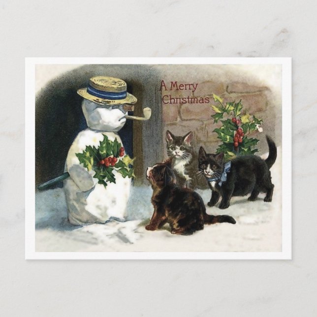 Postal Pequeños gatos alrededor de Navidades snowman, vin (Anverso)