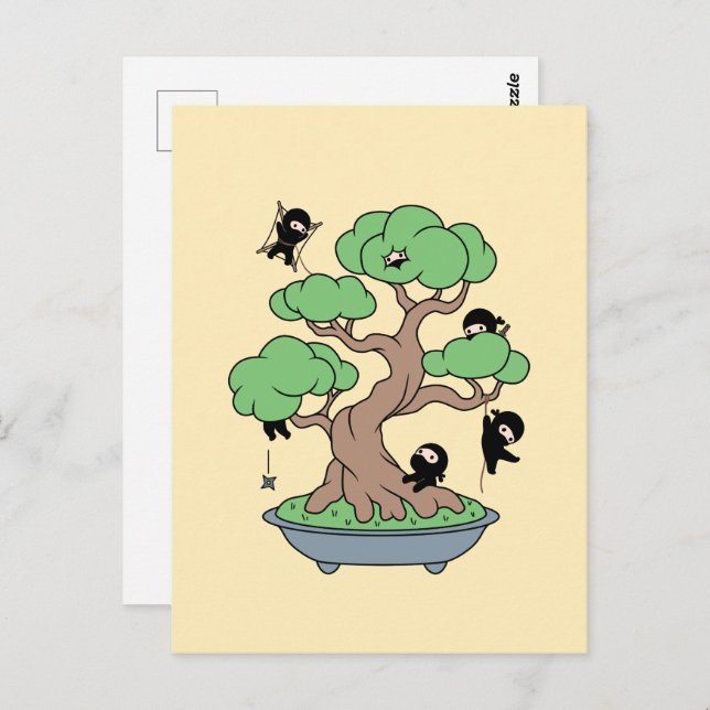 Postal Pequeños Ninjas en árbol bonsai en amarillo (Anverso / Reverso)