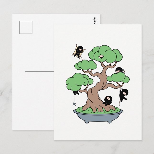 Postal Pequeños Ninjas en el árbol Bonsai (Anverso / Reverso)