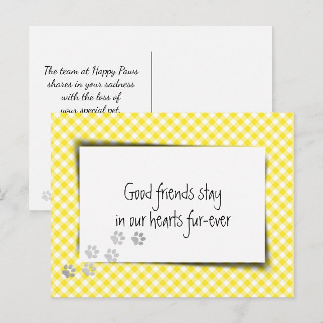 Postal Pérdida de mascota de gingham amarillo del veterin (Anverso / Reverso)