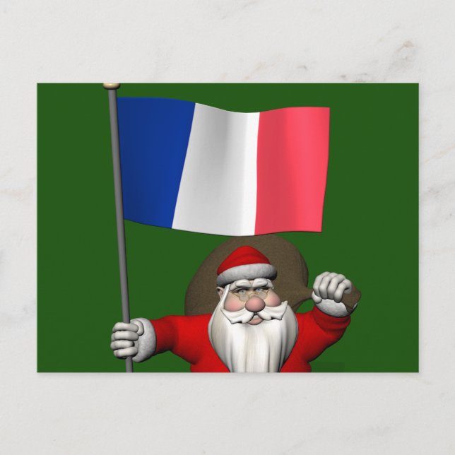 Postal Père Noël Con Bandera De Francia (Anverso)