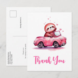 Postal Perezoso Adorable en un Convertible Rosa Gracias