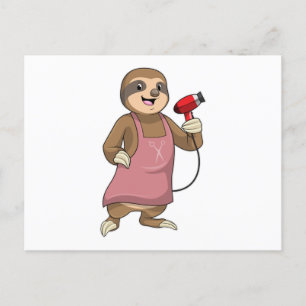 Postal Perezoso como estilista con secador de pelo