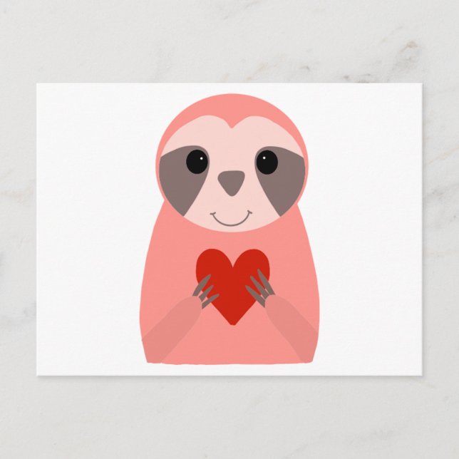 Postal Perezoso Rosa Sosteniendo un Corazón (Anverso)