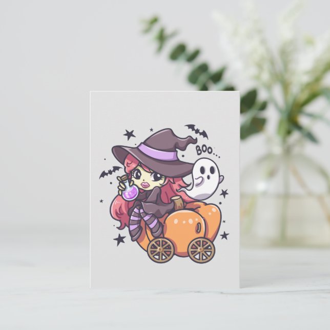 Postal Perra infantil sentada en un auto calabaza (Anverso de pie)