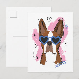 Postal Perrito Adorable con Gafas de Sol de Corazón Azul
