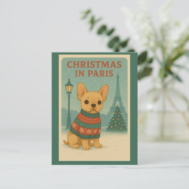 Postal Perrito francés lindo Navidad en París | Vintage  (Anverso de pie)
