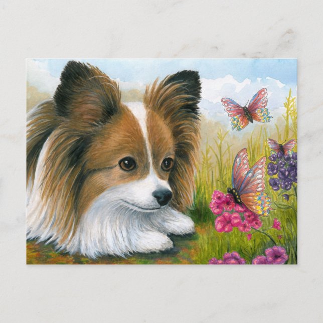 Postal Perro 123 Papillon con mariposas (Anverso)