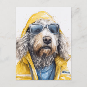 Postal Perro adorable en impermeable amarillo