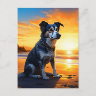 Postal Perro Adorable en la Playa al Atardecer Diciendo